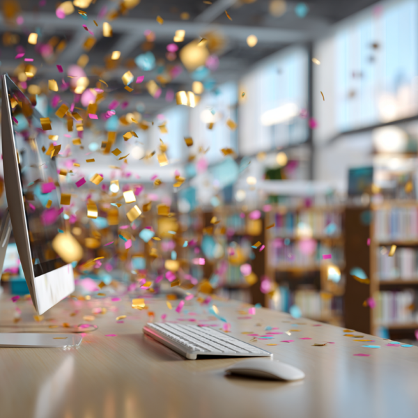 Feestelijke foto met computer en confetti in bibliotheek